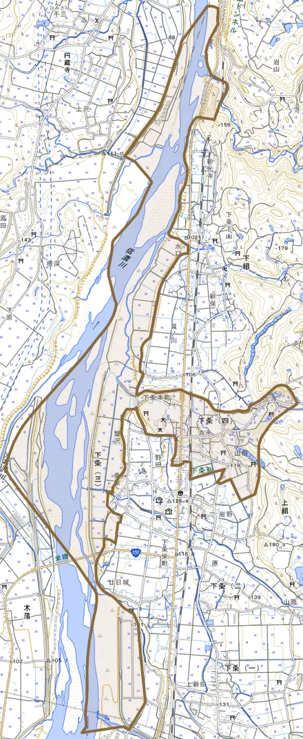 下組とその周辺の地図。町の範囲を重ねている