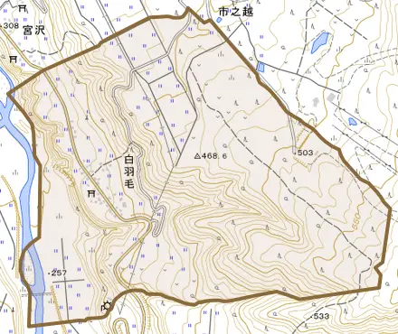 白羽毛とその周辺の地図。町の範囲を重ねている