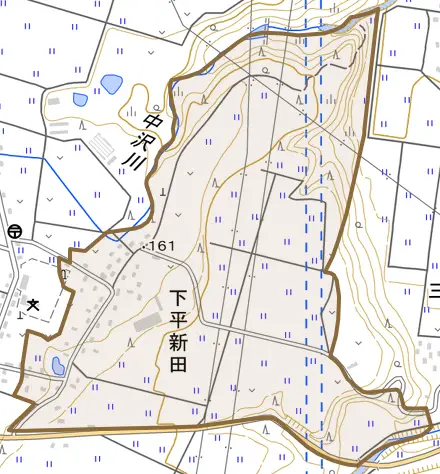 下平新田とその周辺の地図。町の範囲を重ねている