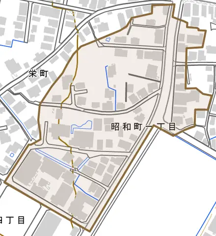 昭和町とその周辺の地図。町の範囲を重ねている