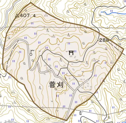 菅刈とその周辺の地図。町の範囲を重ねている