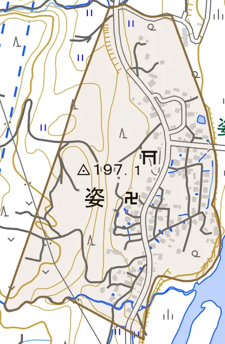 姿とその周辺の地図。町の範囲を重ねている