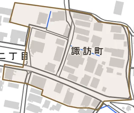 諏訪町とその周辺の地図。町の範囲を重ねている