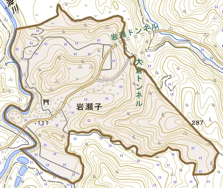 岩瀬子とその周辺の地図。町の範囲を重ねている