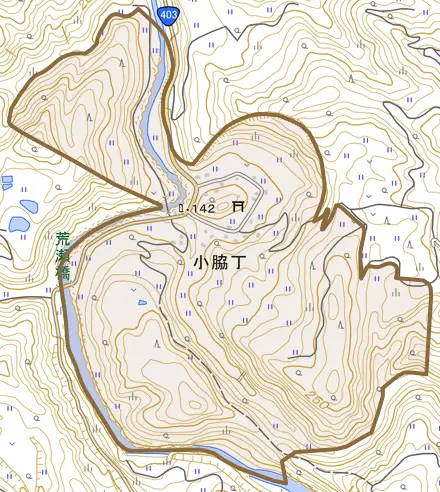 小脇丁とその周辺の地図。町の範囲を重ねている