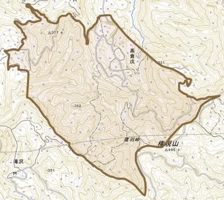 高倉戊とその周辺の地図。町の範囲を重ねている