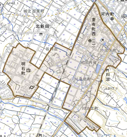 妻有町西とその周辺の地図。町の範囲を重ねている