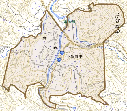 中仙田甲とその周辺の地図。町の範囲を重ねている