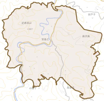 室島乙とその周辺の地図。町の範囲を重ねている