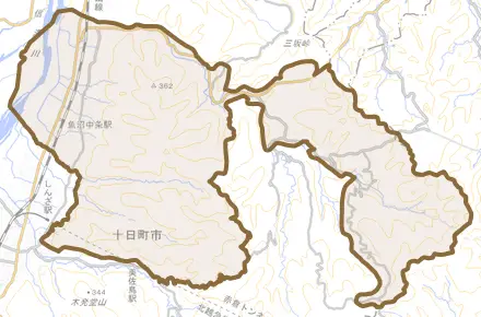 中条とその周辺の地図。町の範囲を重ねている