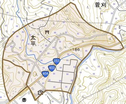 太平とその周辺の地図。町の範囲を重ねている