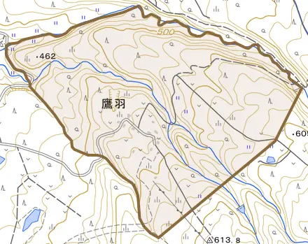鷹羽とその周辺の地図。町の範囲を重ねている