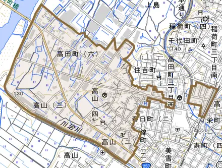 高田町とその周辺の地図。町の範囲を重ねている
