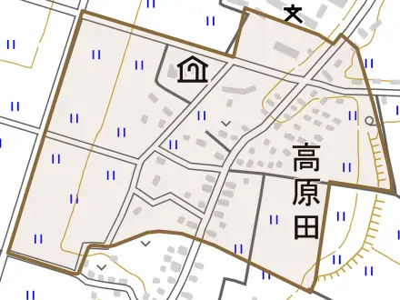 高原田とその周辺の地図。町の範囲を重ねている