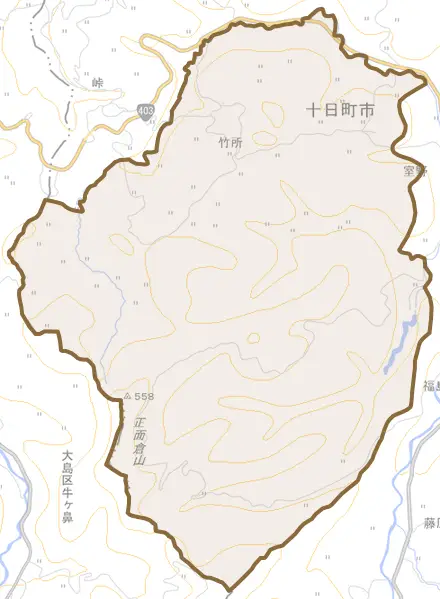 竹所とその周辺の地図。町の範囲を重ねている