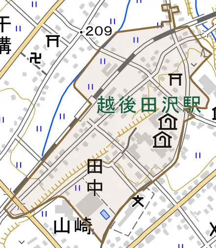 田中とその周辺の地図。町の範囲を重ねている