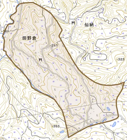 田野倉とその周辺の地図。町の範囲を重ねている