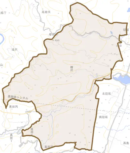 樽沢とその周辺の地図。町の範囲を重ねている