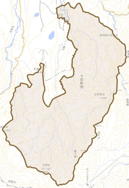田代とその周辺の地図。町の範囲を重ねている