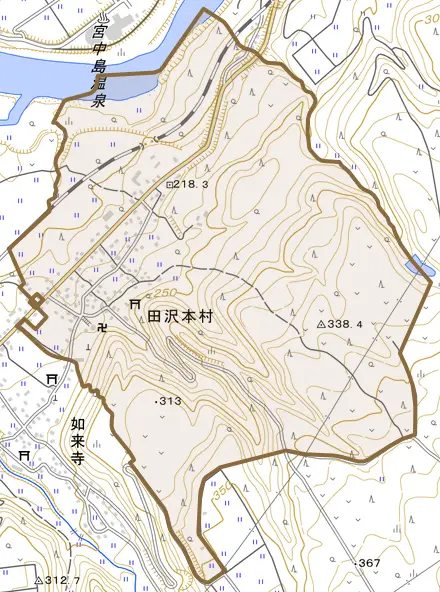 田沢本村とその周辺の地図。町の範囲を重ねている