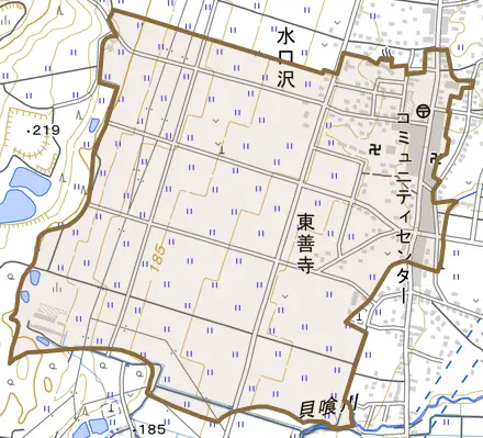 東善寺とその周辺の地図。町の範囲を重ねている