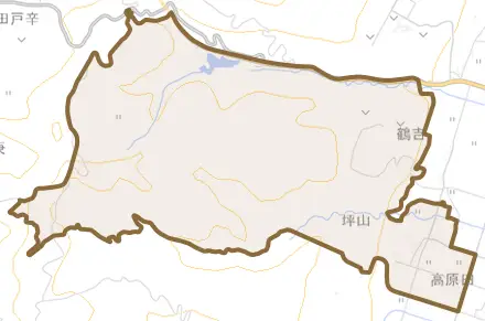 坪山とその周辺の地図。町の範囲を重ねている