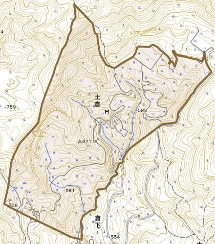 土倉とその周辺の地図。町の範囲を重ねている