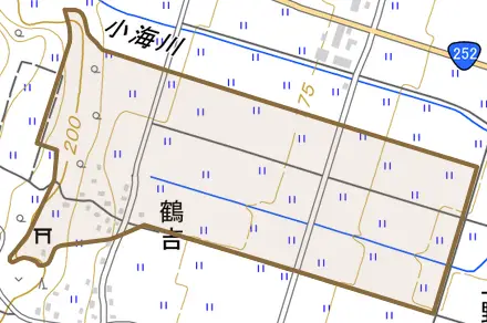 鶴吉とその周辺の地図。町の範囲を重ねている