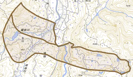 浦田とその周辺の地図。町の範囲を重ねている