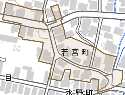 若宮町とその周辺の地図。町の範囲を重ねている