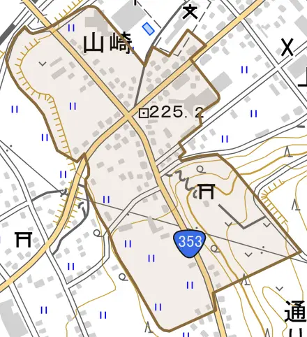 山崎とその周辺の地図。町の範囲を重ねている