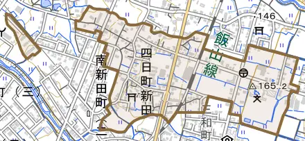 四日町新田とその周辺の地図。町の範囲を重ねている