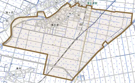 粟生津とその周辺の地図。町の範囲を重ねている