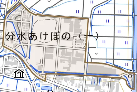 分水あけぼのとその周辺の地図。町の範囲を重ねている
