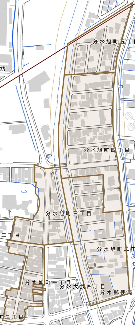 分水旭町とその周辺の地図。町の範囲を重ねている
