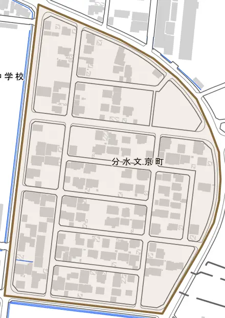 分水文京町とその周辺の地図。町の範囲を重ねている