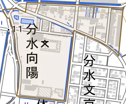 分水向陽とその周辺の地図。町の範囲を重ねている