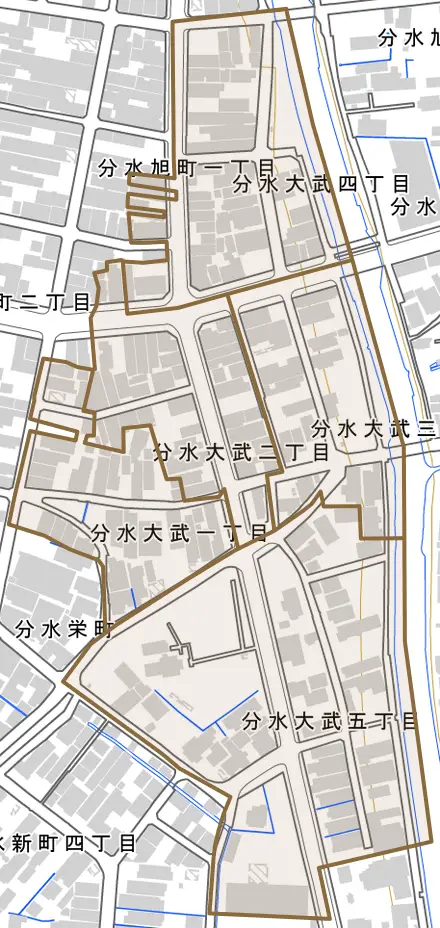 分水大武とその周辺の地図。町の範囲を重ねている