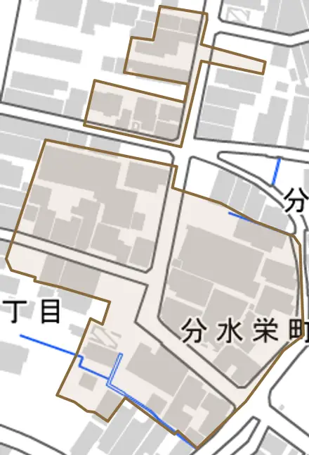 分水栄町とその周辺の地図。町の範囲を重ねている