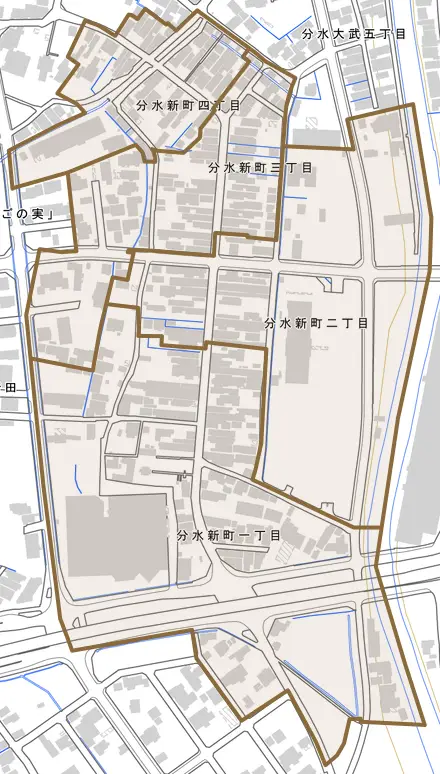 分水新町とその周辺の地図。町の範囲を重ねている