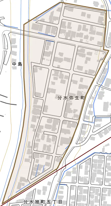 分水弥生町とその周辺の地図。町の範囲を重ねている