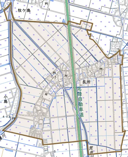 長所とその周辺の地図。町の範囲を重ねている