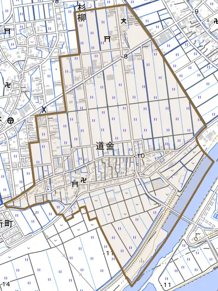 道金とその周辺の地図。町の範囲を重ねている