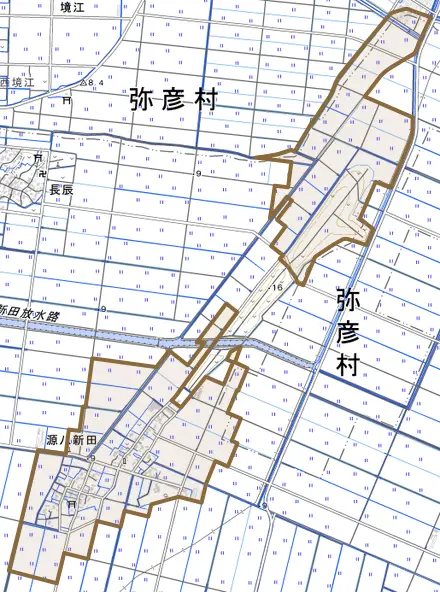 源八新田とその周辺の地図。町の範囲を重ねている