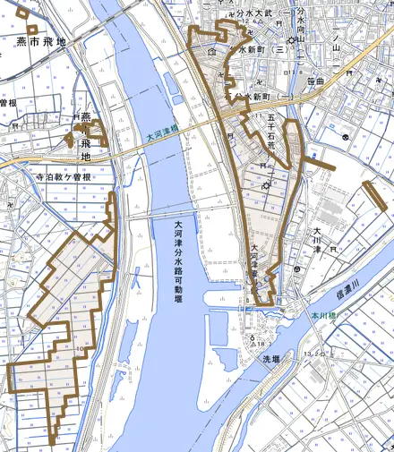 五千石とその周辺の地図。町の範囲を重ねている
