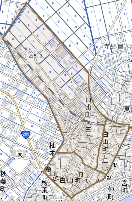 白山町とその周辺の地図。町の範囲を重ねている