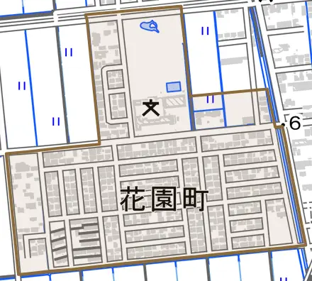 花園町とその周辺の地図。町の範囲を重ねている