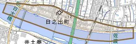 日之出町とその周辺の地図。町の範囲を重ねている
