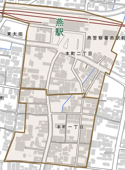 本町とその周辺の地図。町の範囲を重ねている