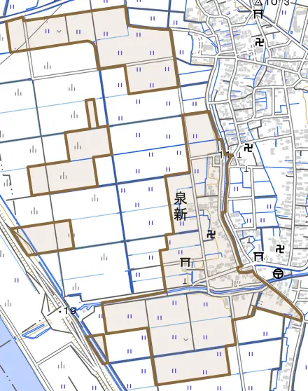 泉新とその周辺の地図。町の範囲を重ねている